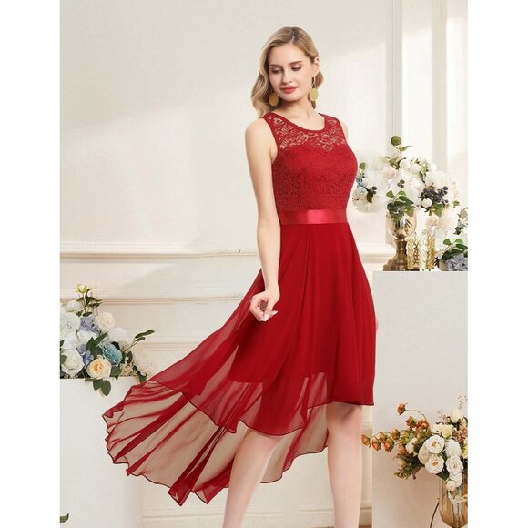 BeryLove Women Red Chiffon Scoop Neck Sleeveless Lace Cocktail Dresses - Picture 2 of 7